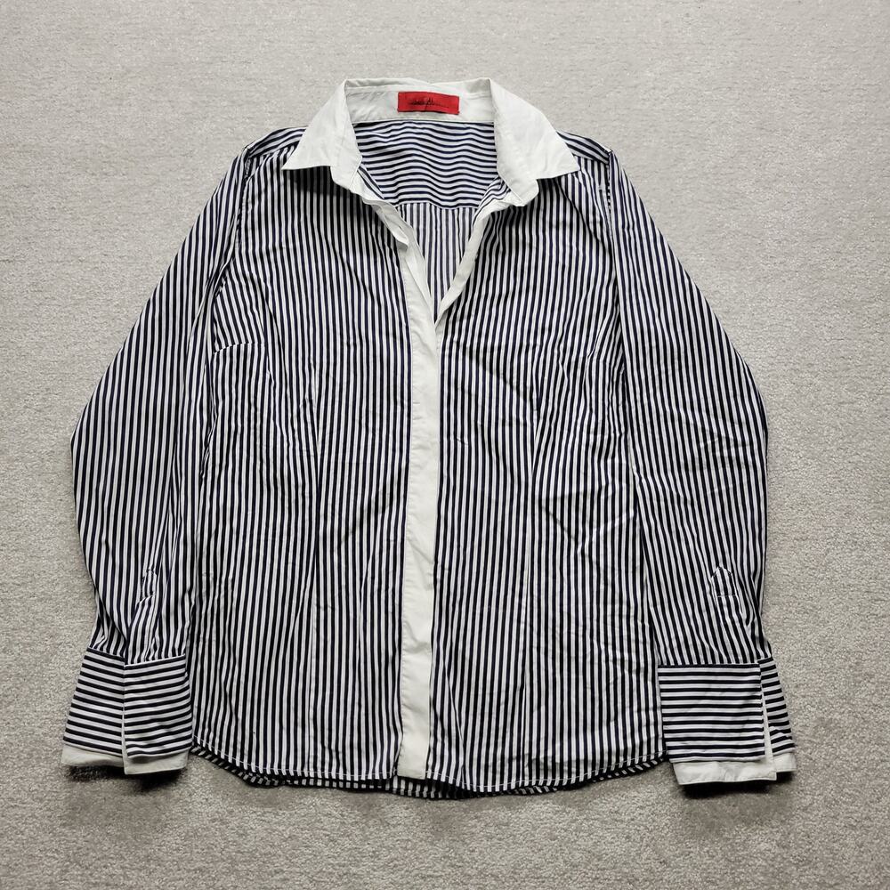 Carolina Herrera Womens Button Down Shirt Size 6 Navy White Striped Long Sleeve